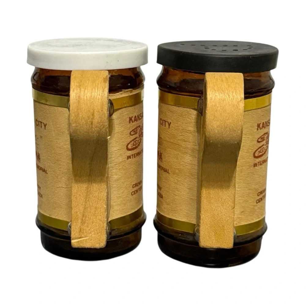 Vintage Amber Glass & Wood Kansas City Souvenir Salt & Pepper Shakers